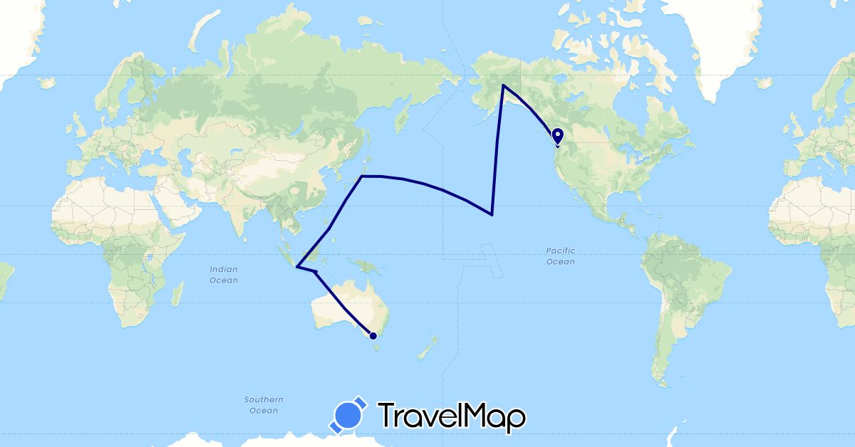 TravelMap itinerary: driving in Australia, Canada, Indonesia, Japan, Philippines, United States (Asia, North America, Oceania)